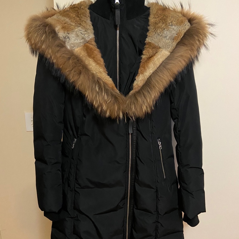 Black Hooded Fur-Trimmed Coat